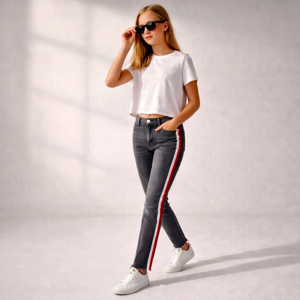 Kidpik Girls 14‎ Gray Black Skinny Jeans Red White Stripe Trim